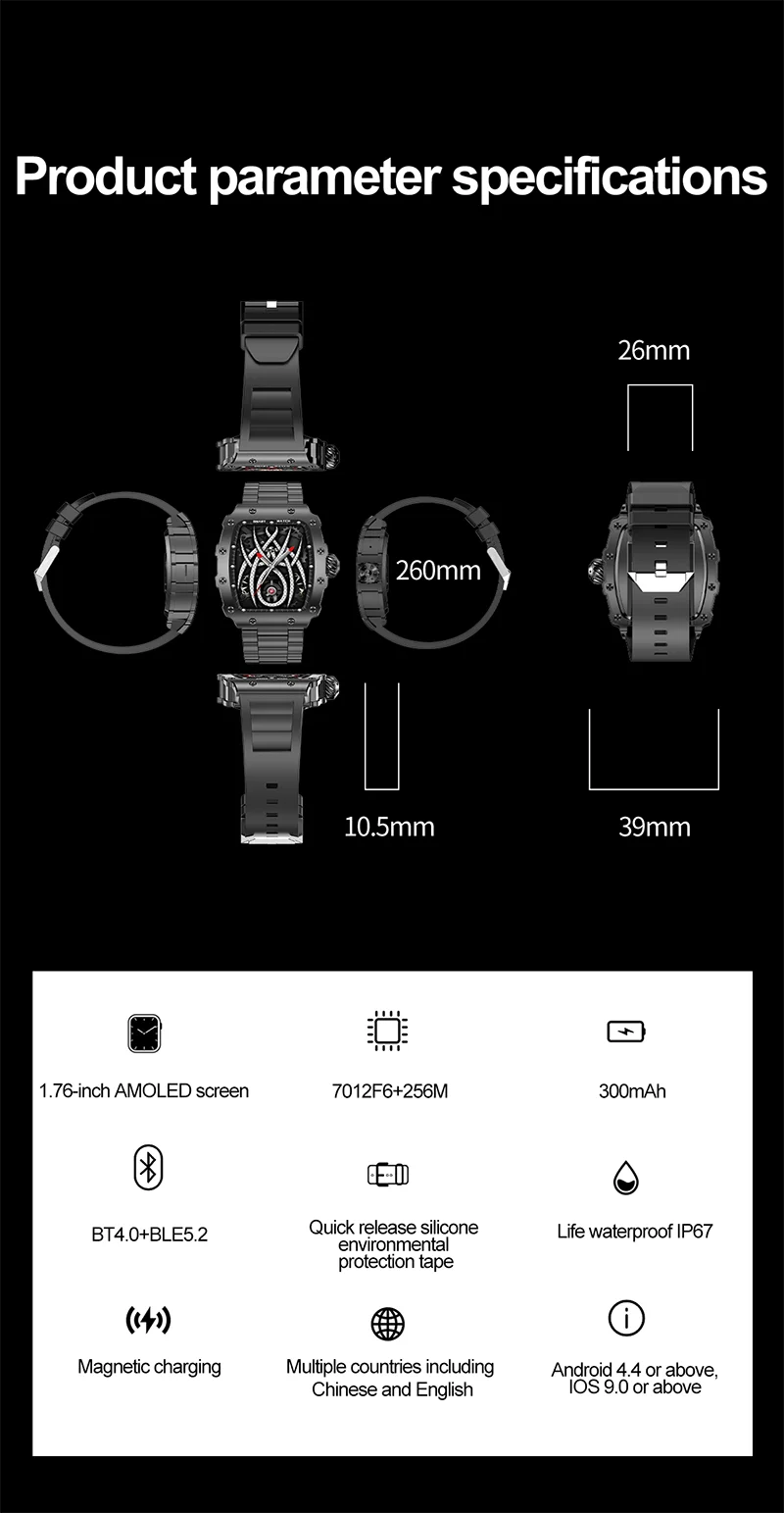 New Trend Smart Watch 1.76 inch AMOLED 3D Dynamic Dial IP67 Waterproof Bluetooth Call NFC Voice Assistant Men Sports Smartwatch