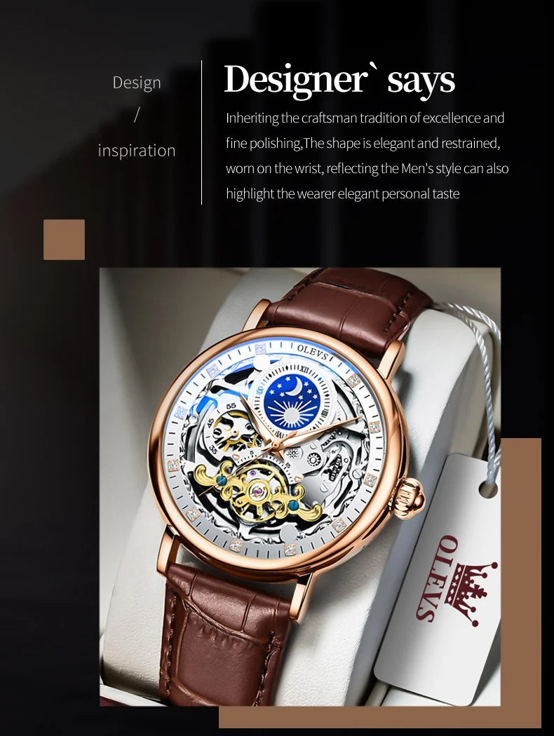 OLEVS Brand 2024 Fashion Moon Phase Skeleton Mechanical Watch for Men Sport Leather Waterproof Luxury Tourbillon Watches Mens
