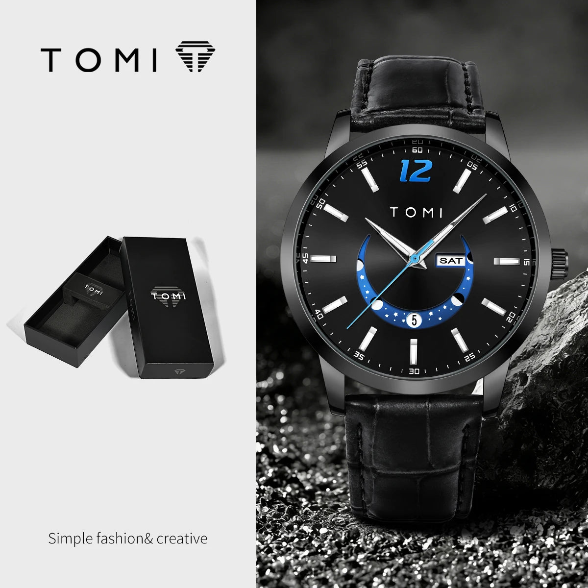 Relógio de quartzo TOMI, estilo empresarial e elegante, com bracelete em pele, caixa em liga metálica e mostrador com ponteiros – Design de alta qualidade, ideia de presente para homem