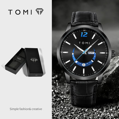 Relógio de quartzo TOMI, estilo empresarial e elegante, com bracelete em pele, caixa em liga metálica e mostrador com ponteiros – Design de alta qualidade, ideia de presente para homem