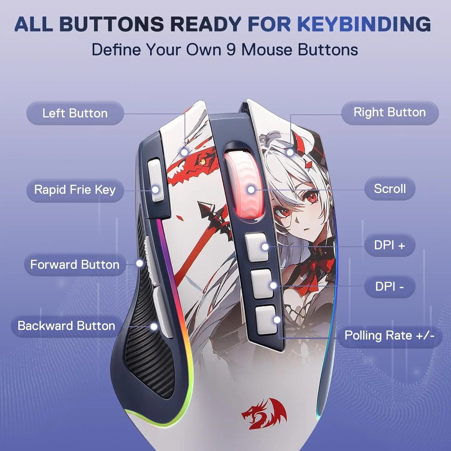 Redragon M612AK PRO RGB Gaming Mouse Wireless & Wired, 8000 DPI Optical Gaming Mouse with 9 Programmable Buttons, RGB Backlit Ergonomic Gaming Mouse
