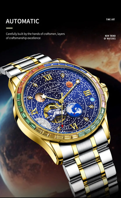 GLENAW New Rotating Earth Mechanical Watch Men Space astronaut dial Night Light Waterproof Stainless Steel Strap Automatic Watch