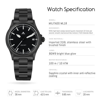 MILITADO ML18 Quartz PVD 316L Steel Sapphire VH31 Sweep Second Movement Sapphire BGW9 Lume 100M Waterproof Men Wristwatch