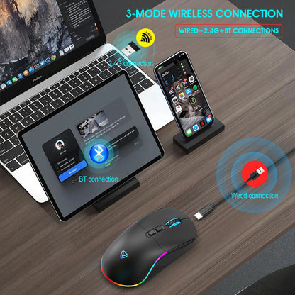 Mouse tri-mode 2.4G wireless/Bluetooth/cablato, DPI regolabile a 6 livelli, batteria da 500mAh, illuminazione RGB, macro per gaming e esports, mouse da ufficio