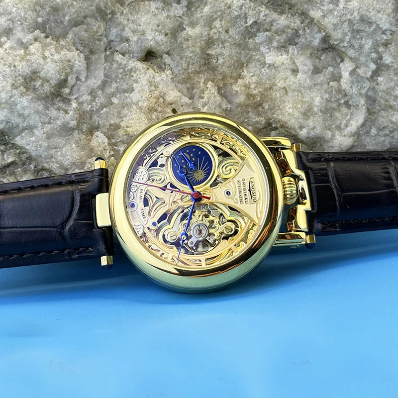  Top Luxury Moon Phase Men's Watches Original Mechanical Leather Men Clock Date Week Hollow Tourbillon Automatic Man Watch