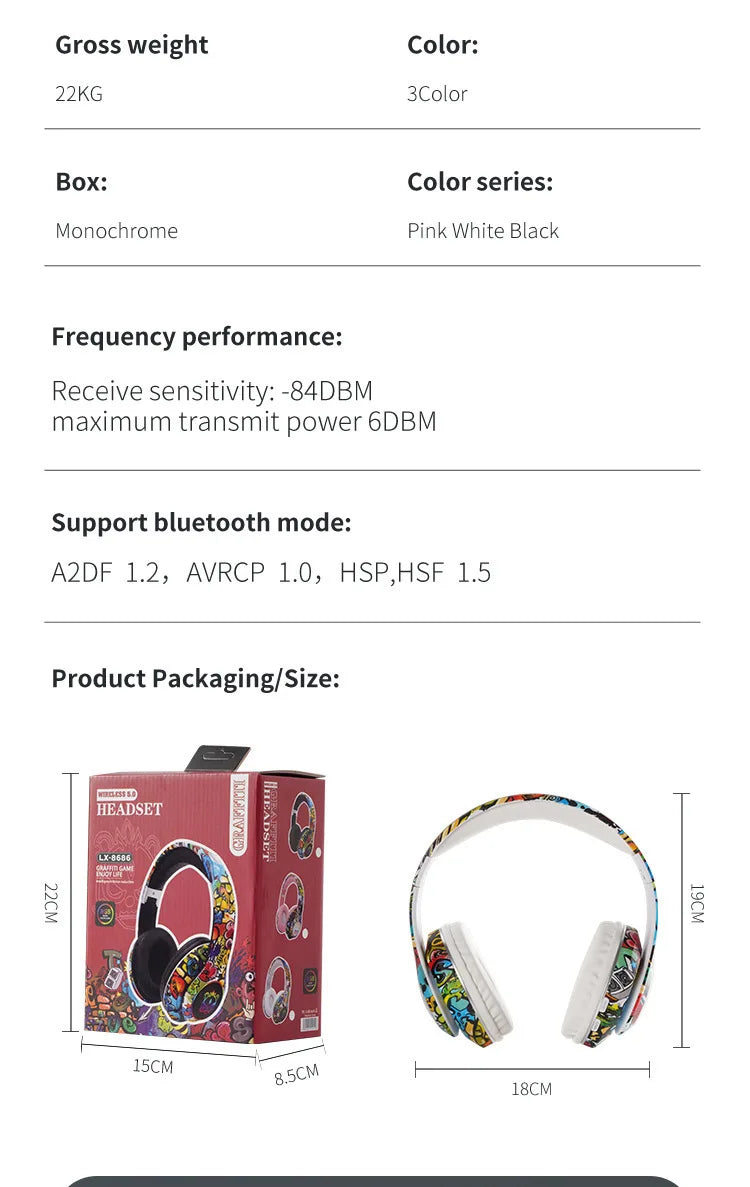 Nuovo headset gaming Bluetooth wireless Graffiti LX-8686 con microfono, luce LED, supporto per scheda TF, bassi profondi e cuffie over-ear per PC, gaming e bambini