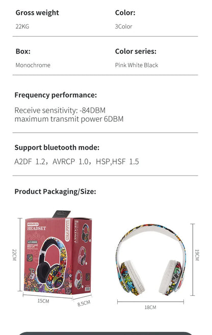 Nuovo headset gaming Bluetooth wireless Graffiti LX-8686 con microfono, luce LED, supporto per scheda TF, bassi profondi e cuffie over-ear per PC, gaming e bambini