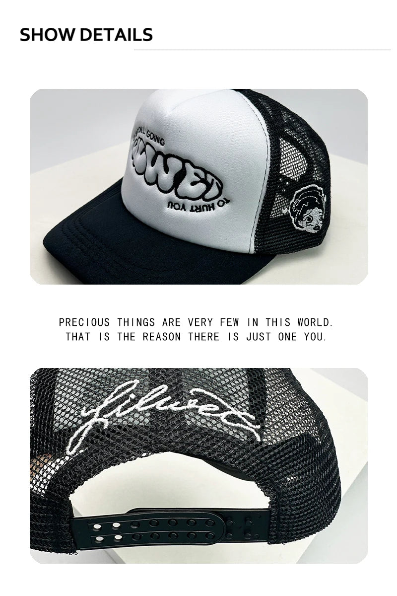 Gorras de béisbol unisex nuevas con bloques de color, letras estampadas y bordadas, estilo hip hop, malla transpirable, visera para el sol, tipo trucker streetwear, versátiles