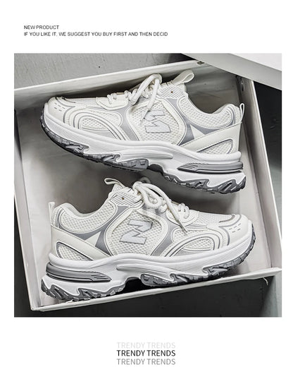Unisex Trendy Chunky Dad Sneakers Silver Black Retro Couple Breathable Mesh Casual Platform Shoes