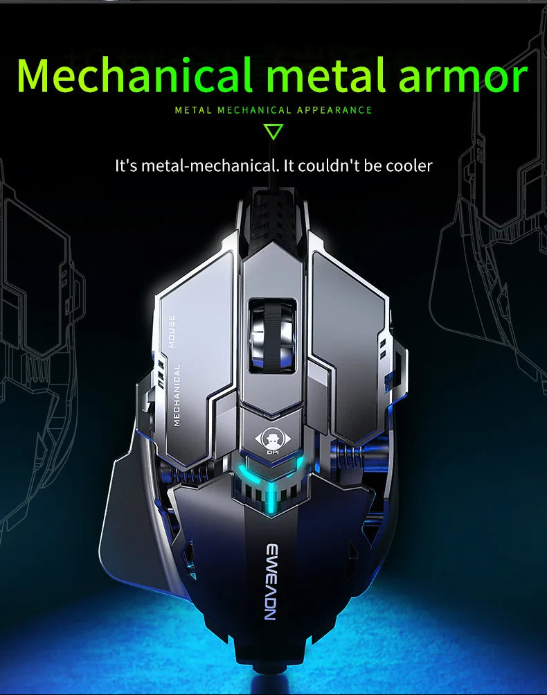Mouse gaming meccanico in metallo cablato ergonomico con retroilluminazione RGB, mouse da gioco ottico USB 12800 DPI per PC desktop