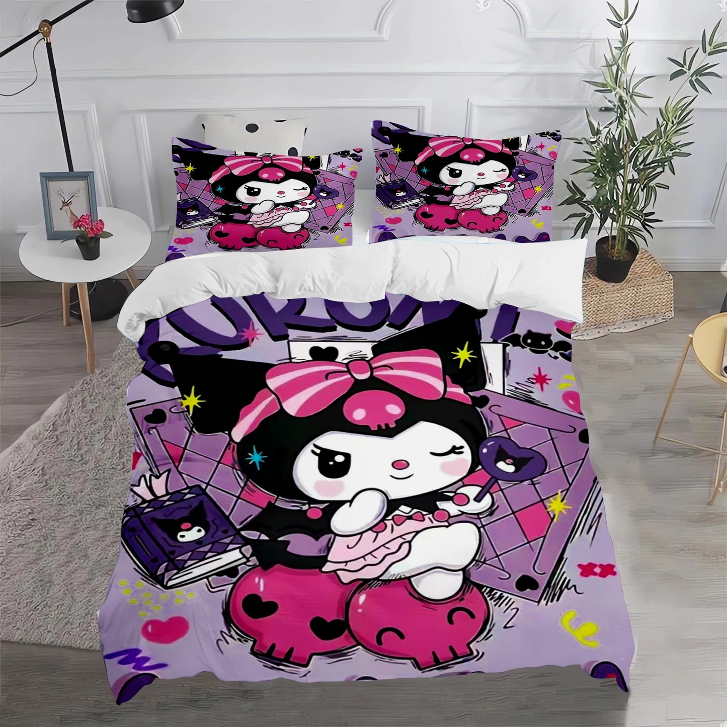 Conjunto de Capa de Edredão e Fronha Kuromi Fofo para Cama, Decoração de Quarto para Adulto, Rapaz e Rapariga, Presente para Crianças, Tamanho Individual, Duplo e Grande