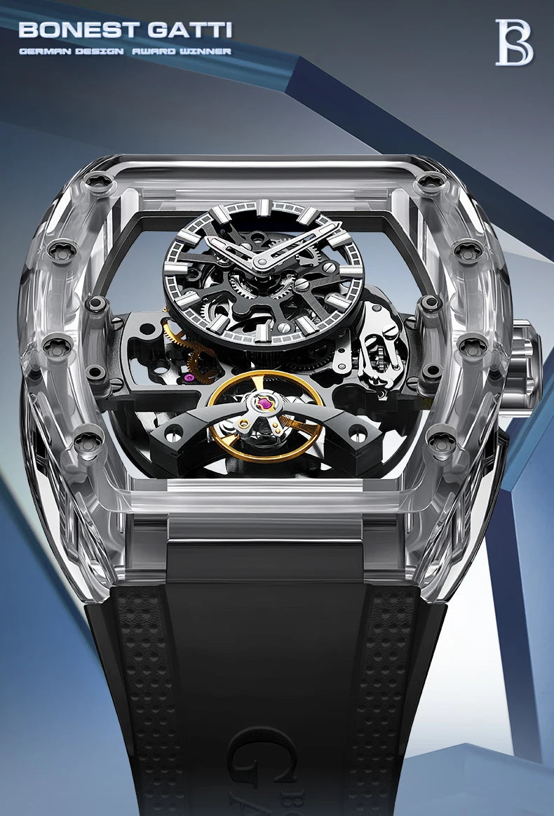 BONEST GATTI New Fully Automatic Men Watch Skeleton Mechanical Watch Rubber Black Band Luminous Barrel Shaped Men Watch