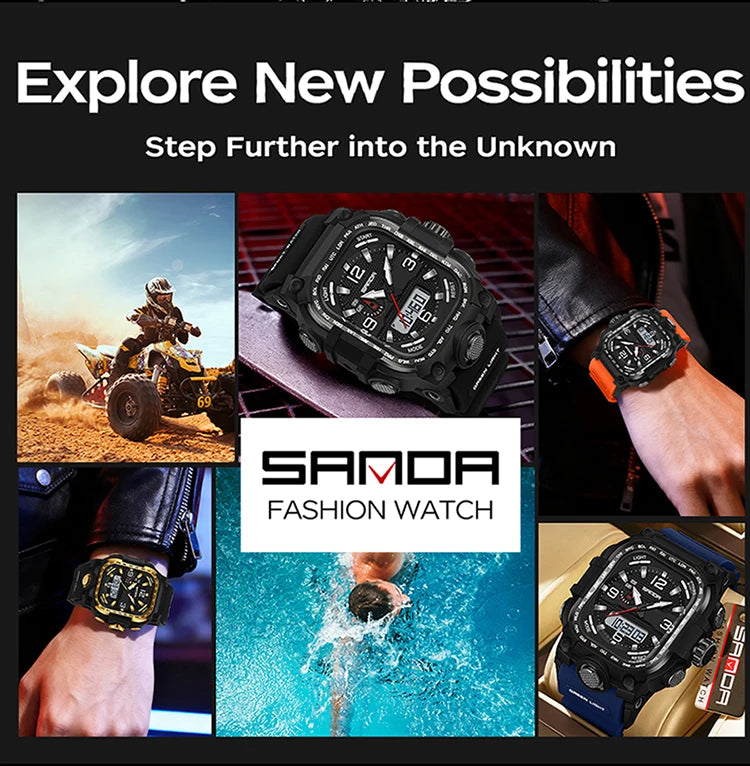 SANDA 6310 Men's Electronic Watch Multifunctional Luminous Alarm Clock Calendar Stopwatch Dual Display Digital Watches for Man