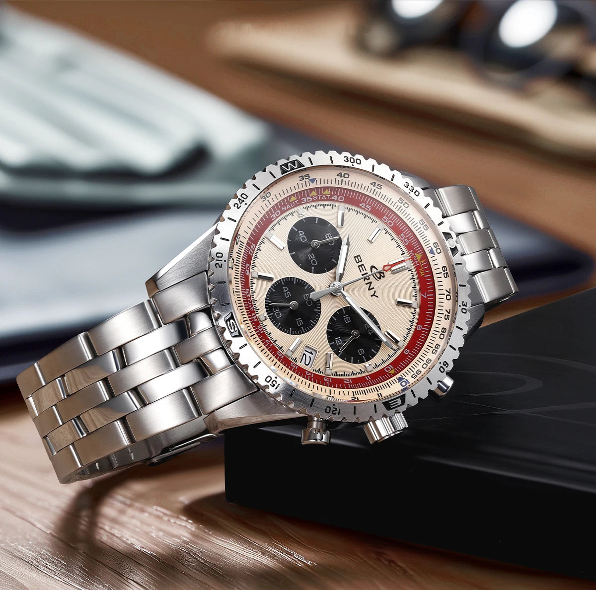 Relógio de homem BERNY Aviation – Cronógrafo de quartzo com data, vidro de safira e revestimento ultraluminescente – Relógio elegante de marca de luxo