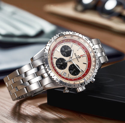Relógio de homem BERNY Aviation – Cronógrafo de quartzo com data, vidro de safira e revestimento ultraluminescente – Relógio elegante de marca de luxo