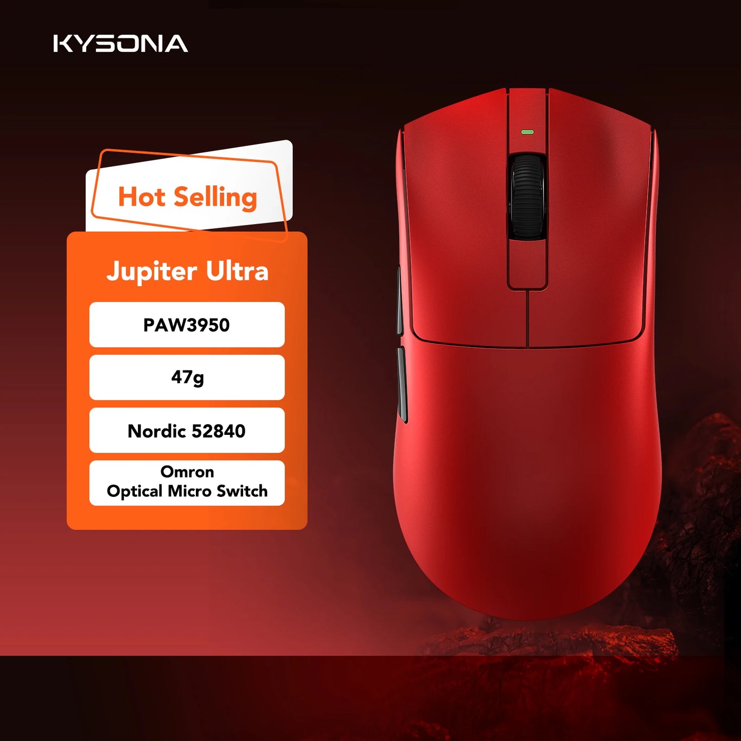 Mouse gaming KYSONA Jupiter Series cablato e wireless 8Khz con sensore PAW3950, Bluetooth, 46g, ricaricabile, driver web per PC e laptop