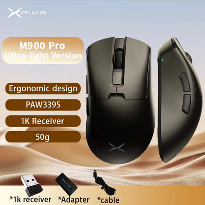 Delux M900PRO Versione ultraleggera Mouse gaming wireless ergonomico 1K/8K Polling Rate 50g PAW3395 per gamer PC destrorsi con mano grande