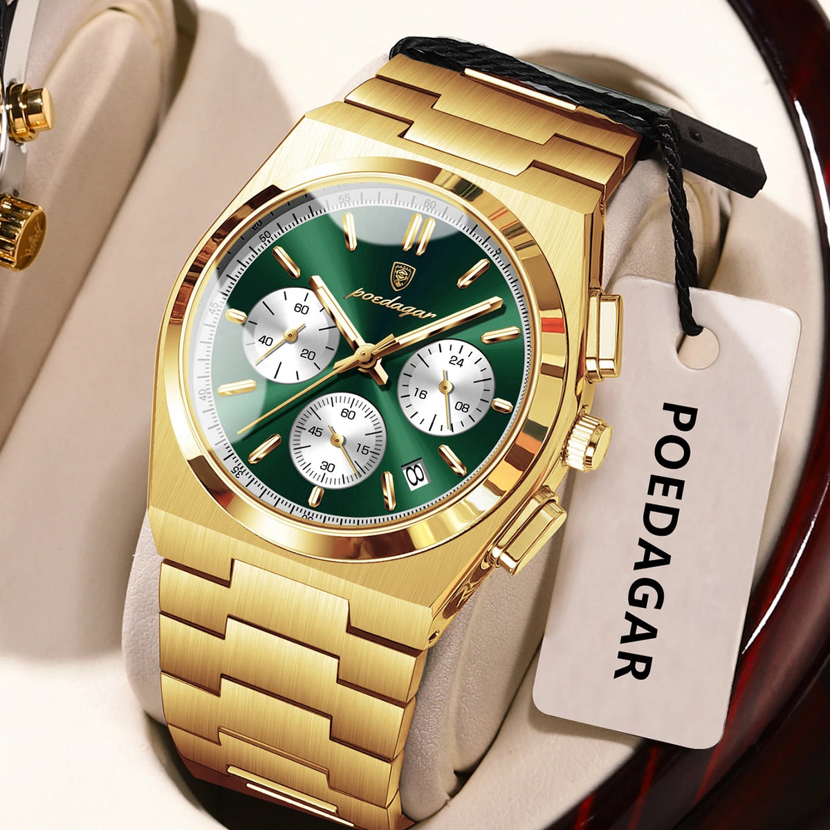 Reloj para hombre POEDAGAR: cronógrafo de lujo de acero inoxidable, con fecha, resistente al agua y luminiscente; reloj de pulsera deportivo de cuarzo