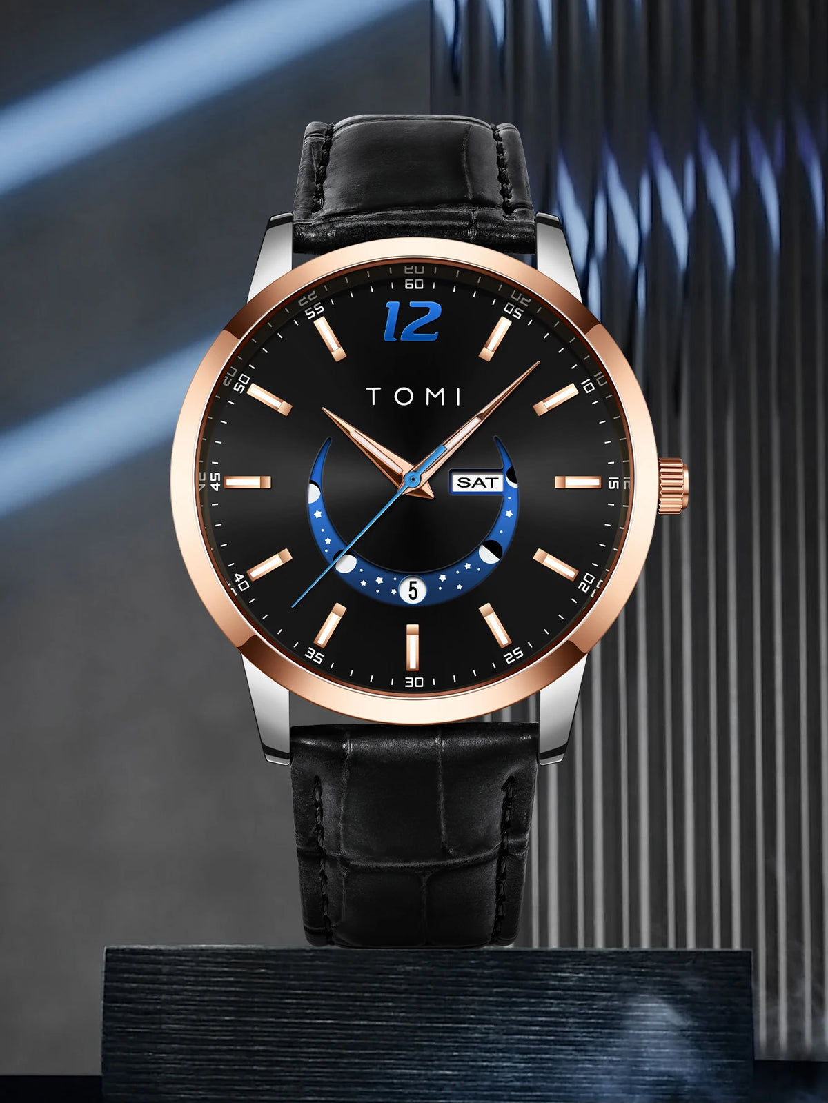 Relógio de quartzo TOMI, estilo empresarial e elegante, com bracelete em pele, caixa em liga metálica e mostrador com ponteiros – Design de alta qualidade, ideia de presente para homem