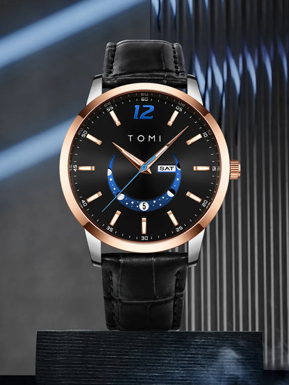 Relógio de quartzo TOMI, estilo empresarial e elegante, com bracelete em pele, caixa em liga metálica e mostrador com ponteiros – Design de alta qualidade, ideia de presente para homem
