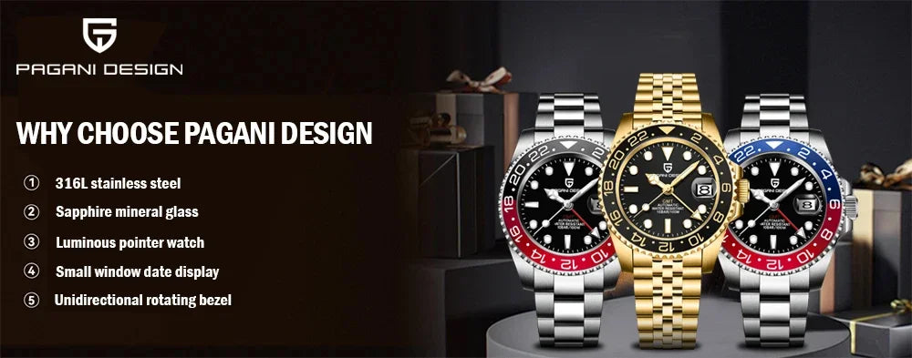 New 1662 PAGANI DESIGN GMT Automatic Watch 40mm Men's Wristwatch Top Brand 100M Waterproof Mechanical Wristwatches for Men Cloc