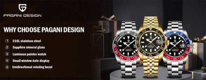 New 1662 PAGANI DESIGN GMT Automatic Watch 40mm Men's Wristwatch Top Brand 100M Waterproof Mechanical Wristwatches for Men Cloc