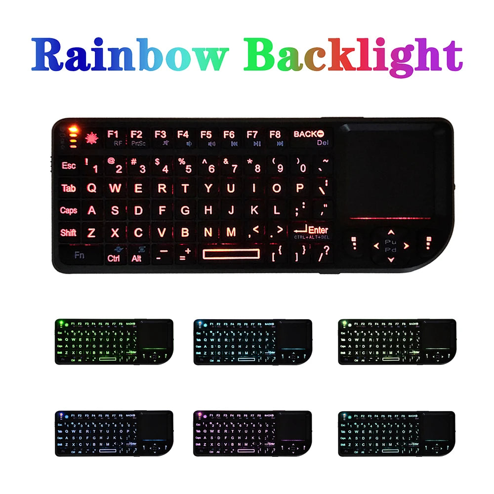 Teclado inalámbrico A8 Mini 2.4G con retroiluminación de 7 colores, teclado portátil 3 en 1 con panel táctil y Air Mouse para Android TV Box, PC y tablet
