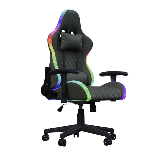 Rosahqnda LED gaming chair with ergonomically adjustable backrest, PU leather office chair, lumbar support cushion & pillow