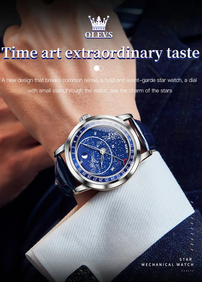 OLEVS 9923 Men's Watches Moon Phase Automatic Mechanical Watch for Man Blue Leather Luxury Dress Waterproof Luminous Wristwatch