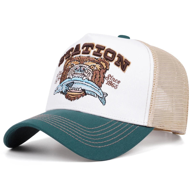 2025 New Bear Eating Fish Street Dance Hip Hop Hat Truck Hat Outdoor Skateboarding Hat Sunshade Baseball Hat Breathable Mesh Hat