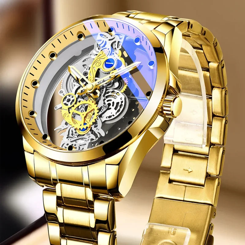 Trendig herrklocka, modell med dubbla öppningar, lyxig gulddesign, mekanisk tourbillon-imitation, kvartsverk.