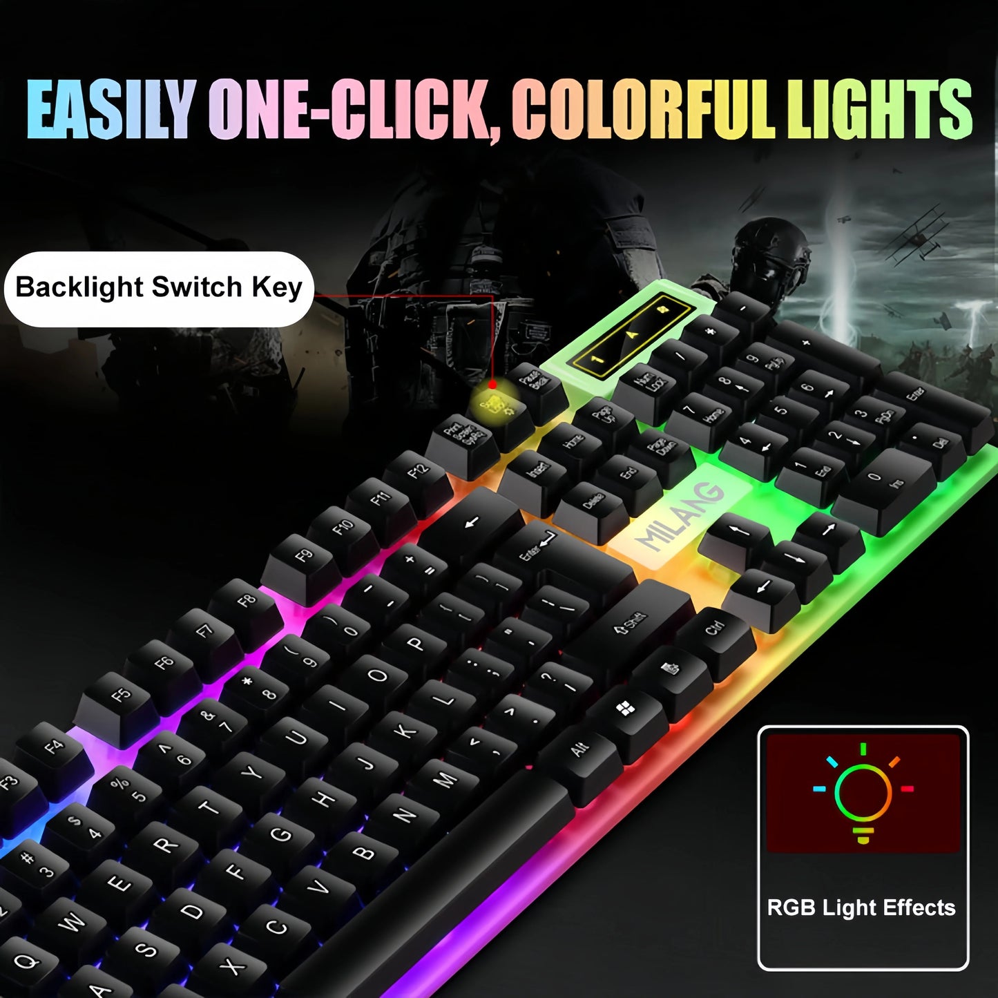 Teclado gaming RGB USB con cable de 104 teclas, cable de 1.3M, teclado de membrana con sensación mecánica para PC, portátil, Windows e IOS