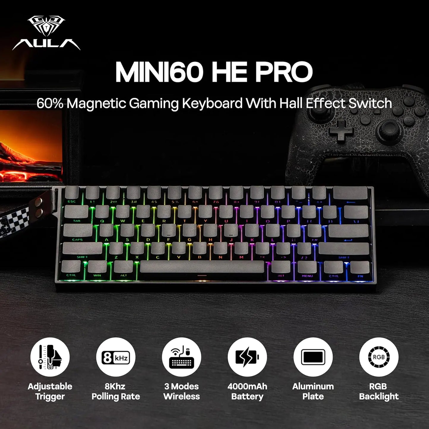 Teclado mecánico inalámbrico AULA Mini60 HE/Pro/Max 60% con interruptores magnéticos RGB, trimodo, 8000Hz, 0.01mmRT para PC, regalos para gamers