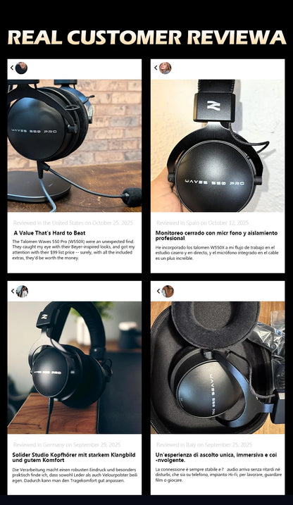 Auriculares de estudio TALOMEN W550x – Auriculares profesionales de monitorización para DJ, circumaurales y con cable, con transductores de 50mm y cable desmontable