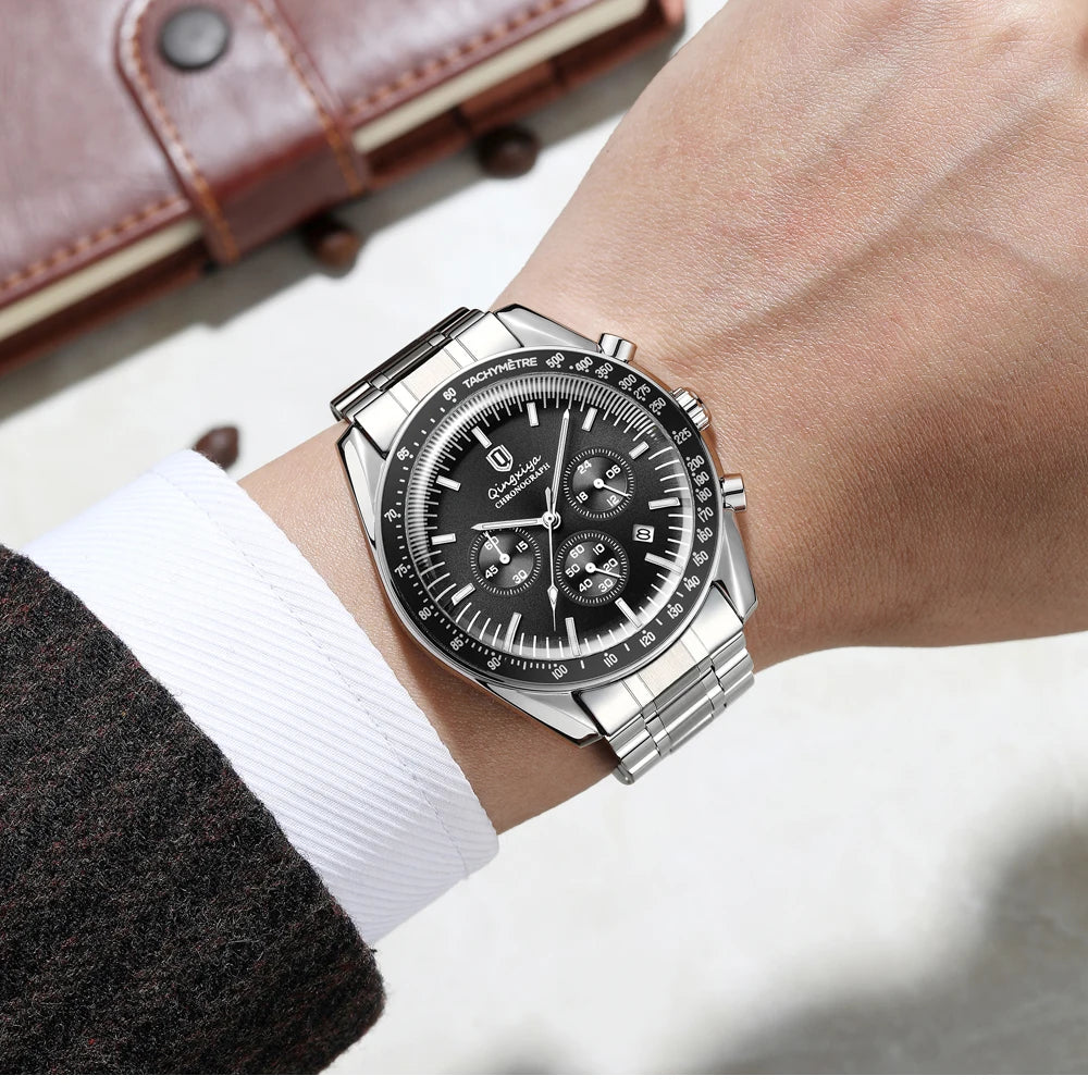 Relógio de quartzo para homem, de marca de luxo, estanque e luminescente, em aço inoxidável, equipado com um cronógrafo de 24 horas e um indicador de data – Relógio elegante para homem
