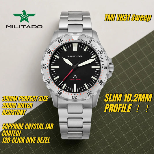 Militado ML16 39mm Quartz Dive Watch Sapphire Crystal 200M Water Resistant Ceramic Bezel BGW9 Lume Screw Down Crown
