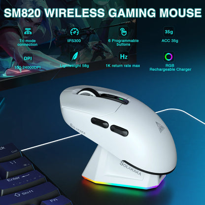 Mouse wireless tri-mode SOLAKAKA SM820 con dock di ricarica magnetico, RGB, PAW3311, 24000DPI, macro gaming, ultraleggero