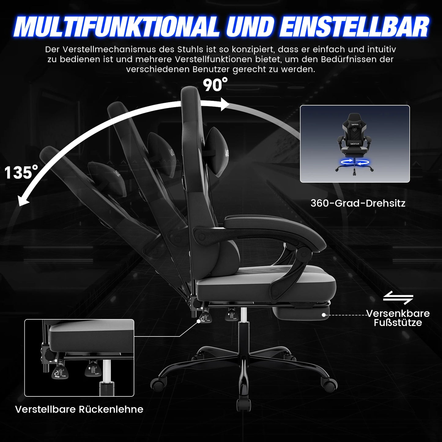 Silla gaming con reposapiés, silla gamer ergonómica con cojín lumbar y reposacabezas, silla gaming ajustable en altura para ordenador