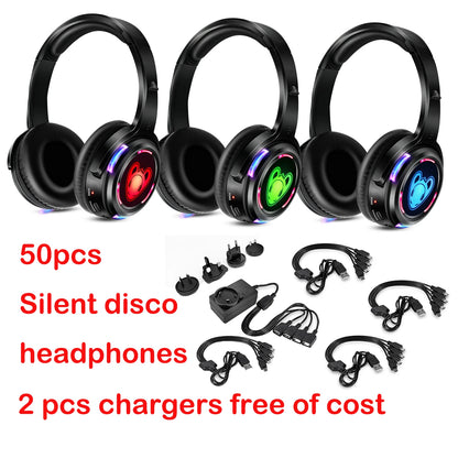 Auriculares inalámbricos Silent Disco RF LED para DJ y fiestas 863–865MHz/915MHz con iluminación LED de 3 canales y batería de 10H
