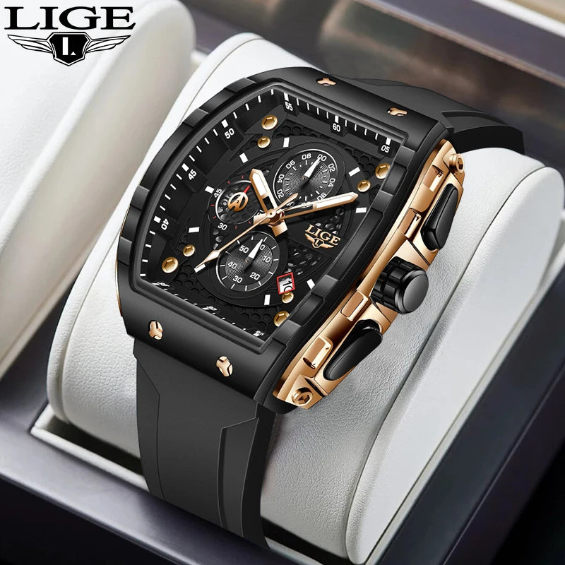 Reloj LIGE para hombre, de moda y lujo, resistente al agua, correa de silicona, cuarzo, luminoso, deportivo, fecha automática, cronógrafo, diseño sencillo