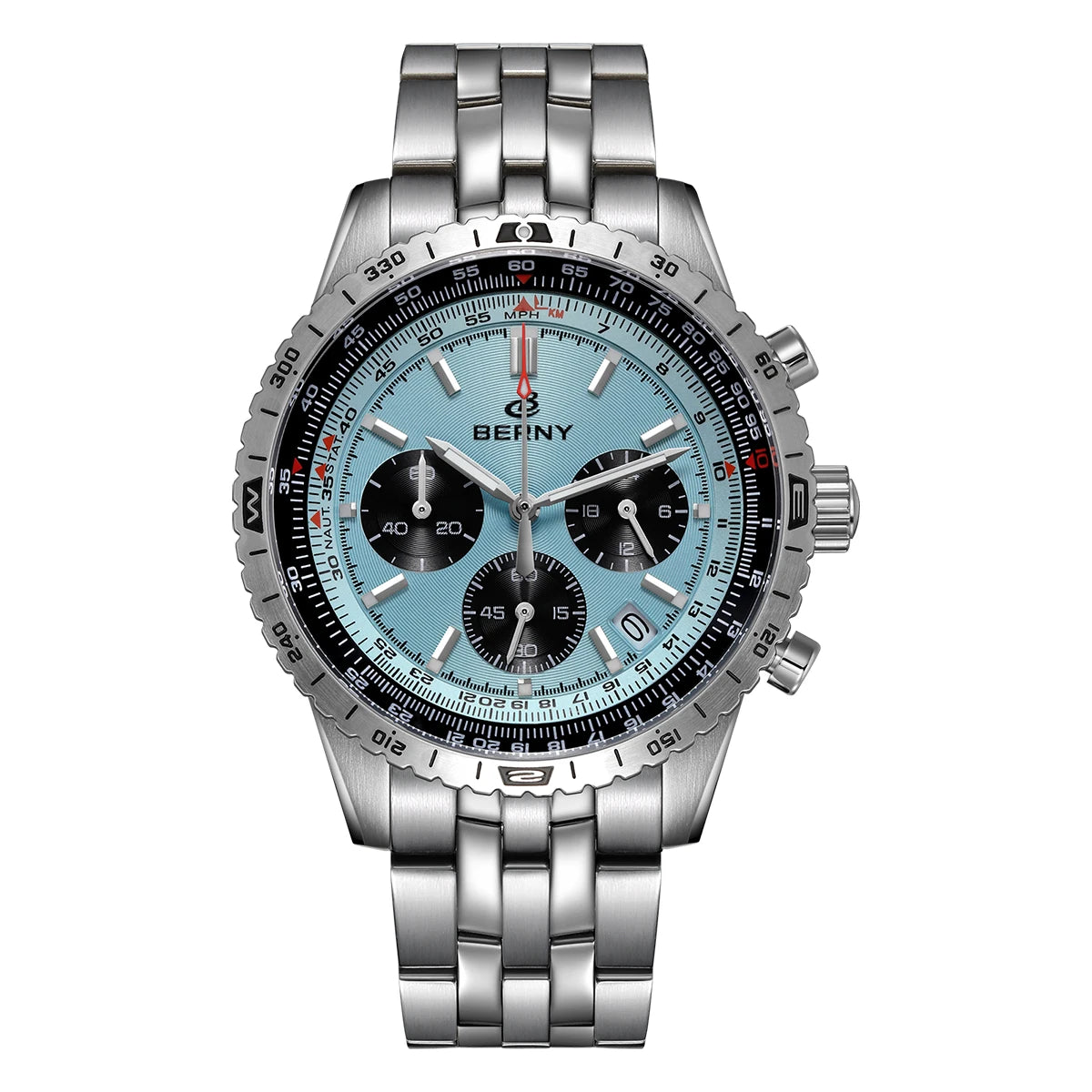 Relógio de homem BERNY Aviation – Cronógrafo de quartzo com data, vidro de safira e revestimento ultraluminescente – Relógio elegante de marca de luxo