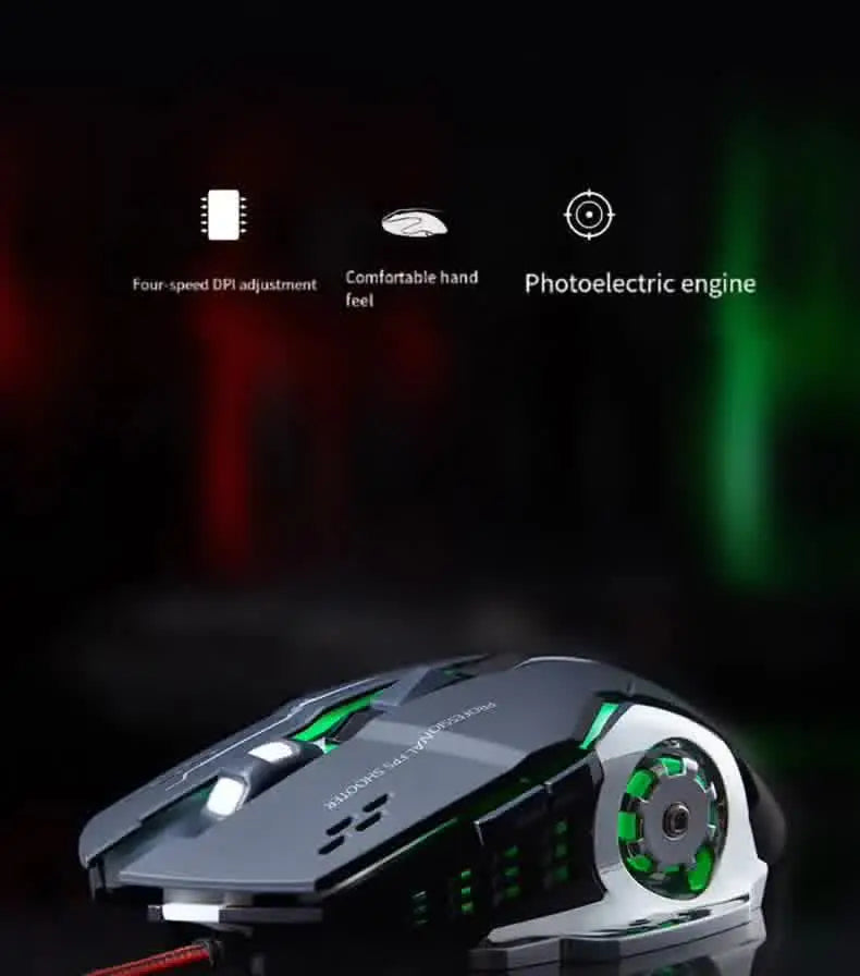 Mouse gaming Carpbaba GM6 per gamer, mouse ottico cablato regolabile con LED, cavo USB, mouse silenzioso per laptop e PC