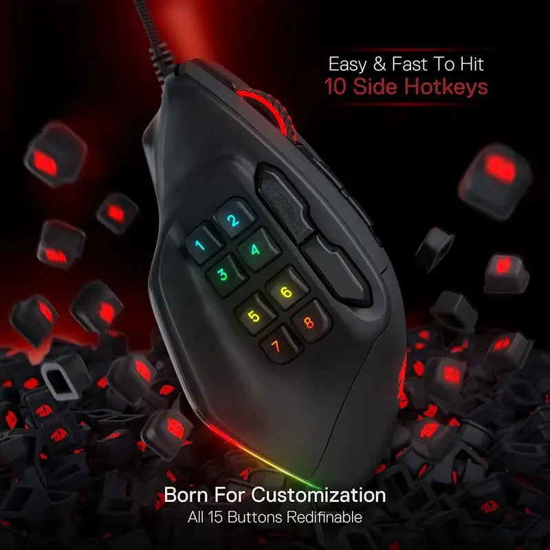 Redragon M811 Aatrox MMO-gamingmuis, bedrade RGB-gamingmuis met 15 programmeerbare knoppen, ergonomische optische gamingmuis met 12.400 DPI