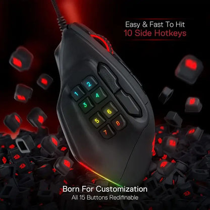 Redragon M811 Aatrox MMO-gamingmuis, bedrade RGB-gamingmuis met 15 programmeerbare knoppen, ergonomische optische gamingmuis met 12.400 DPI