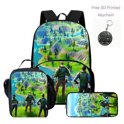 Zaino FORTNITE leggero 3 pezzi con tasca frontale, borsa pranzo, astuccio e portachiavi 3D stampato gratuito per bambini e bambine dai 5 ai 10 anni