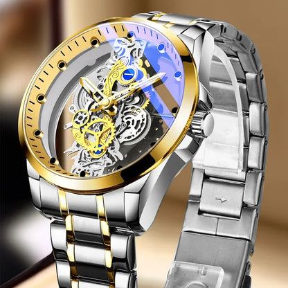 Trendig herrklocka, modell med dubbla öppningar, lyxig gulddesign, mekanisk tourbillon-imitation, kvartsverk.