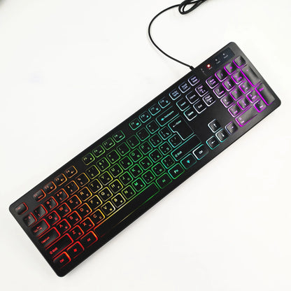 Tastiera da gaming per computer retroilluminata RGB silenziosa, tastiera cablata USB per ufficio e casa, russo, francese, spagnolo, tedesco, arabo, inglese