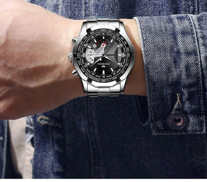 Armbandsur för män, i militär-, casual- eller sportstil, med kvartsverk, från ett prestigefyllt varumärke, helt i stål, vattentätt
