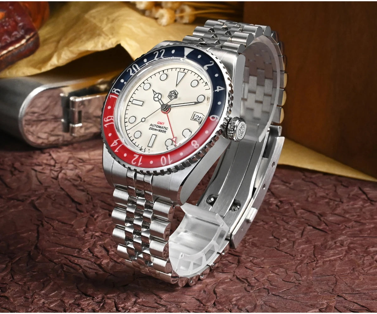 San Martin 40mm SN0005 Retro GMT NH34 Automatic Distressed Patina Dial Bi-color Sapphire Bezel Jubilee Mens Watches 20Bar Lume