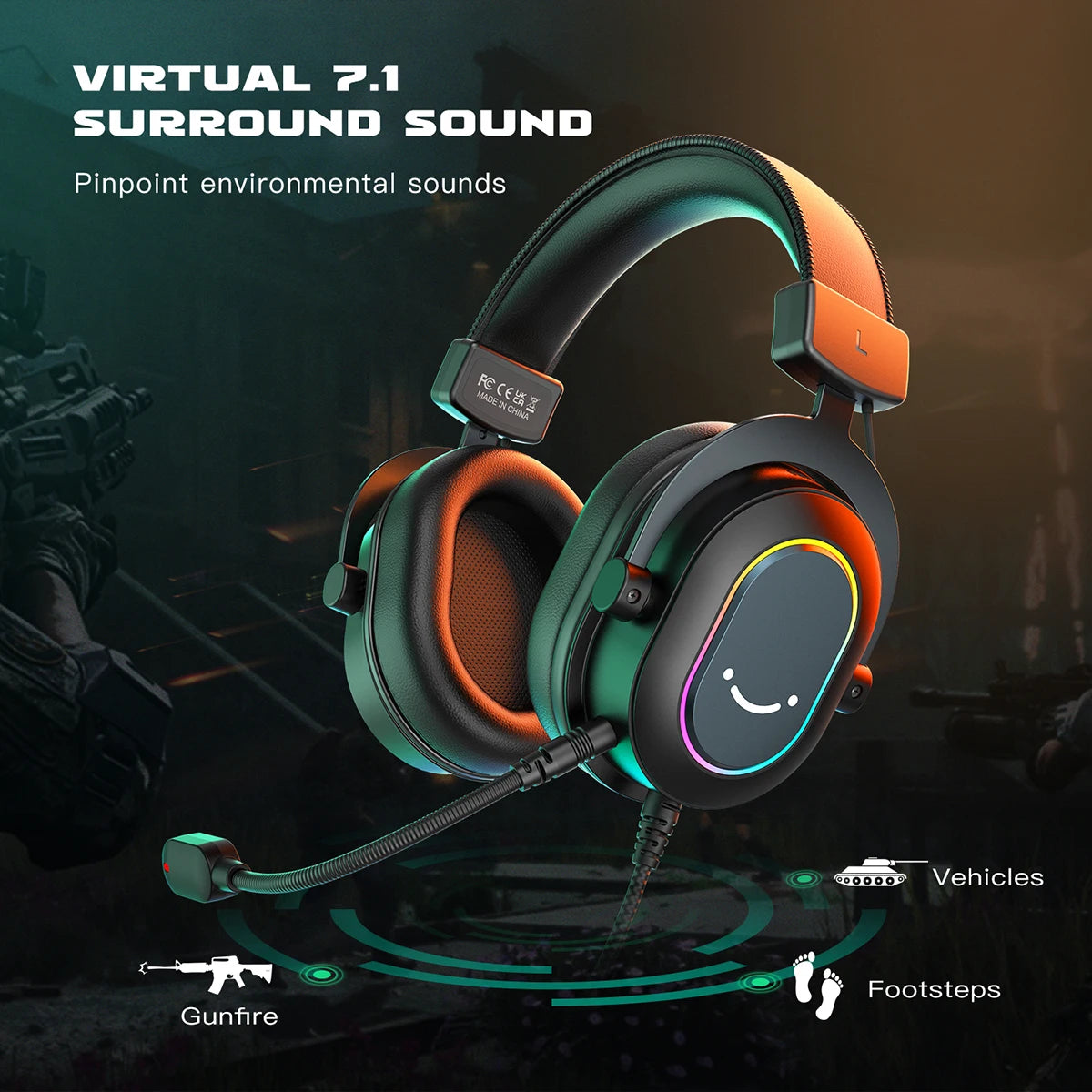 FIFINE RGB-Gaming-Headset mit Mikrofon – kabelgebundene Over-Ear-Kopfhörer mit 7.1 Surround Sound für PC, PS4 & PS5 mit 3 EQ-Modi